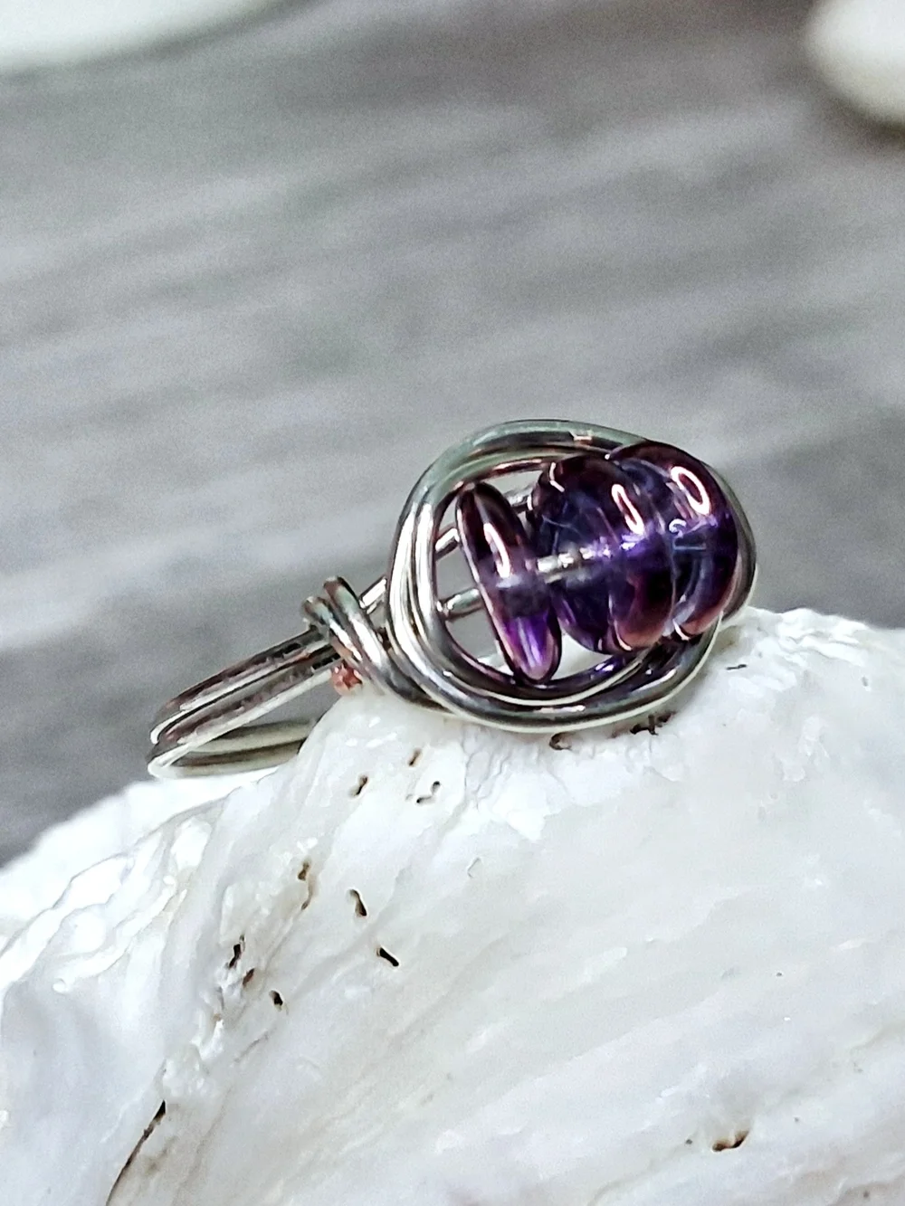Silver Wire Ring with Purple Czech Glass Beads 6